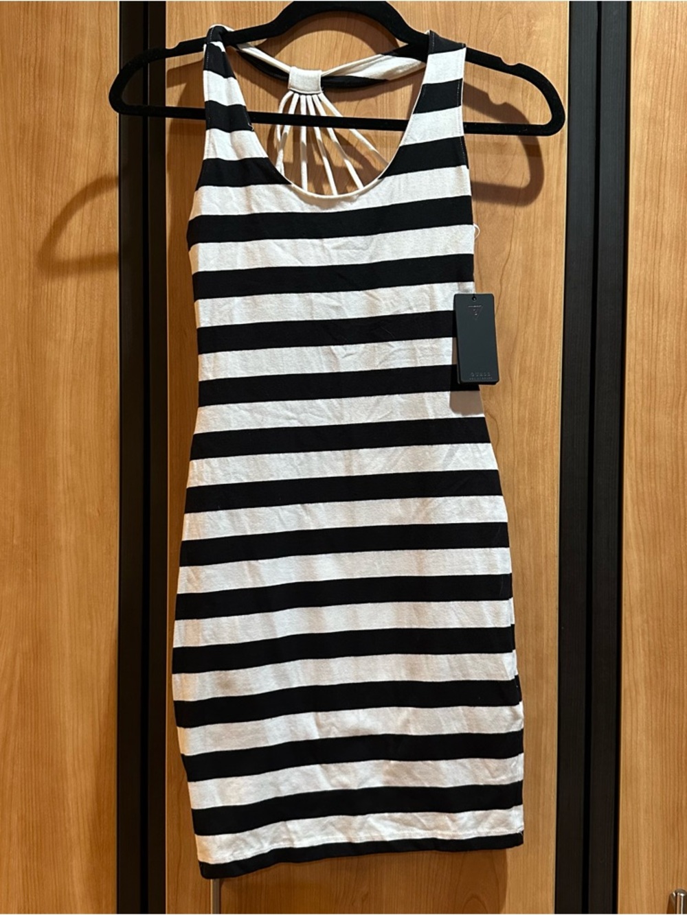 Guess Black and White Striped Mini Dress with Strappy Back